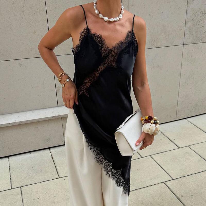 Satin Dress 2026 Spring/Summer Imitation Silk Lace Slit Satin Strap Dress for Women