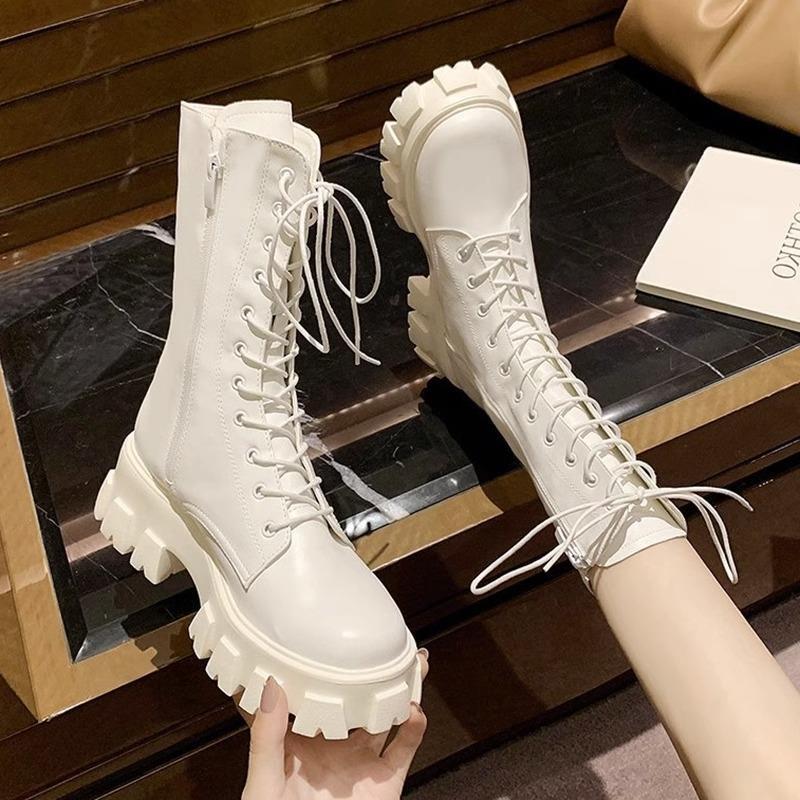 2026 Spring and Autumn Height-Increasing Martin Boots for Petite Women, British Style High-Top Women's Shoes, Thick-Soled Single Boots, White Mid-Calf Boots 2026 Spring and Autumn Height-Increasing Martin Boots for Petite Women, British Style High-Top Women's Shoes, Thick-Soled Single Boots, White Mid-Calf Boots