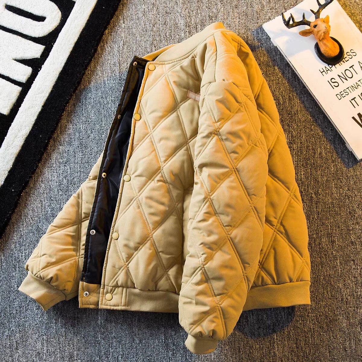Kuraishi Kazuki trendy brand diamond-shaped cotton jacket for men in autumn and winter plus velvet retro Japanese style casual baseball collar warm jacket