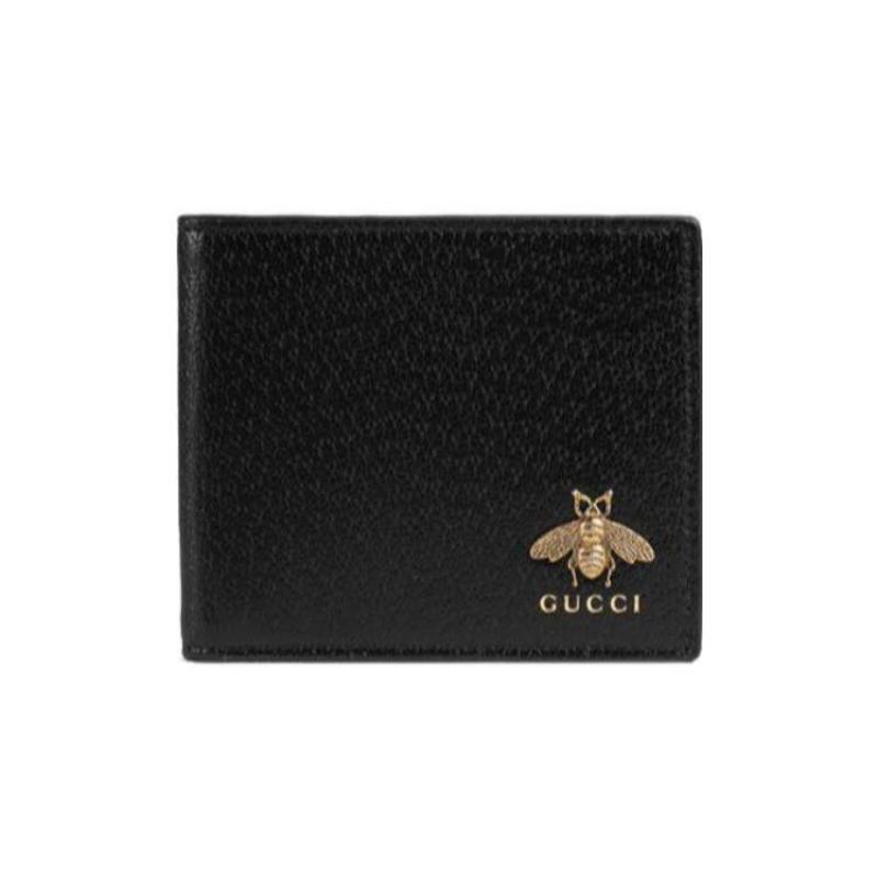 Gucci Metal Bee Decoration Embossed Logo Bifold Leather Wallet Men's Black Gift