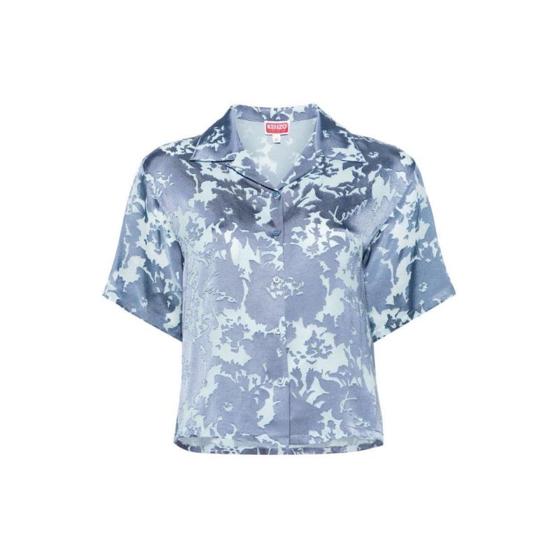 KENZO SS24 字母Loog网布拼接宽松短袖衬衫 女款 帝王蓝色