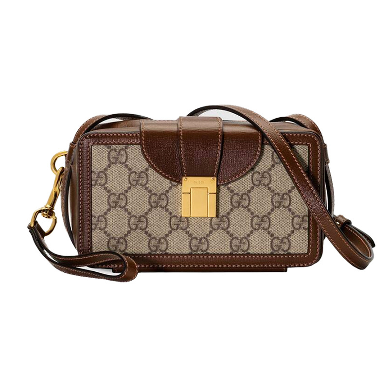 9.5 New Gucci/Gucci Monogram Logo Canvas and Leather Patchwork Ebony Color Unisex Mini Fashion Shoulder Bag