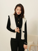 Xiaoxiangfeng Contrast Color Wool Knitted Vest Womens Spring and Autumn New V-neck Vest Womens Outer Jacket Top Vest