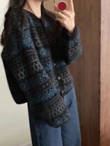 Cotton color gentle wind soft waxy retro jacquard cardigan sweater womens new 2023 high-end super good-looking top winter