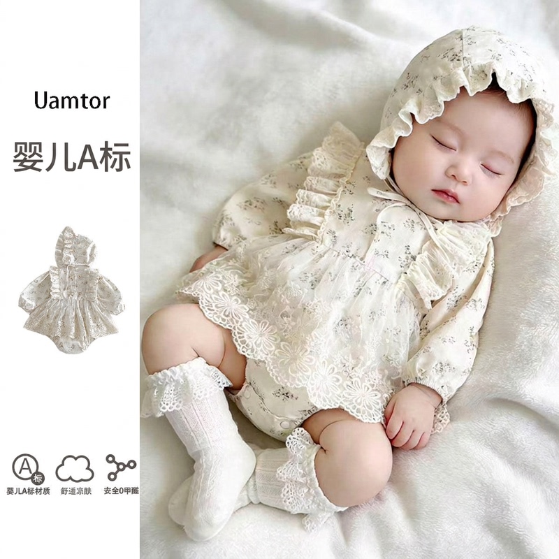 Uamtor Early Autumn Newborn Baby A-Class 0-Formaldehyde Long-Sleeve Snap-Button Lace Floral Romper Dress for Baby Girls' 100-Day Banquet Uamtor Early Autumn Newborn Baby A-Class 0-Formaldehyde Long-Sleeve Snap-Button Lace Floral Romper Dress for Baby Girls' 100-Day Banquet