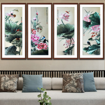 Embroidery handmade Su embroidery < lotus Four link screen > Su embroidery real silk Home Residence Decoration Hanging Painting Custom Boutique Finished Products