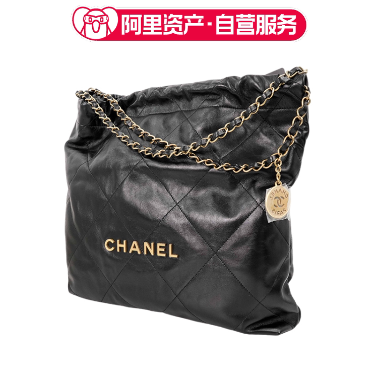 Brand New Chanel 22Bag Black and Gold Medium-Sized Oil-Waxed Cowhide Shopping Bag Shoulder Bag for Women