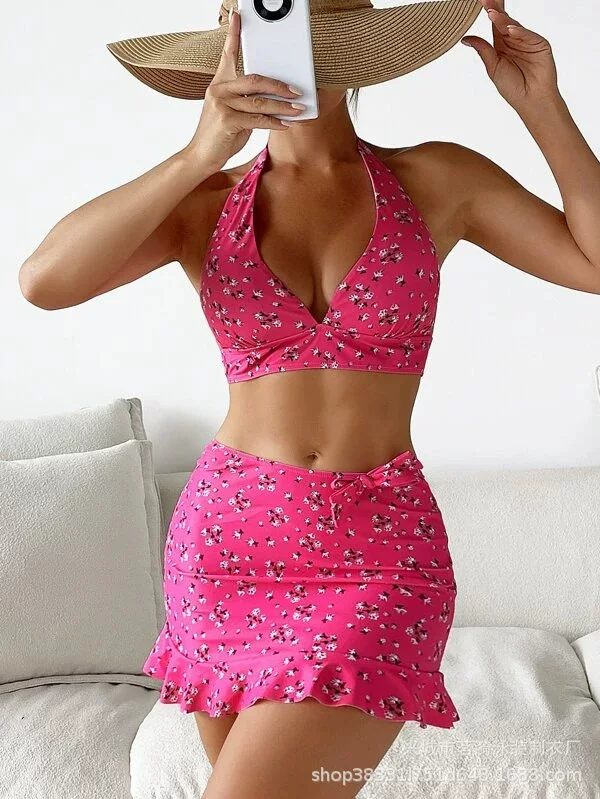 Printed Split Bikini Three-Piece Set Women's, halter top + skirt + briefs, multiple patterns & sizes