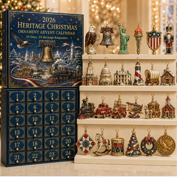 All 24 heritage Christmas ornaments displayed on shelves beside the numbered advent calendar box