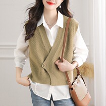 V-neck vest knitted vest womens vest 2023 spring and autumn new style with shirt and layered retro sweater