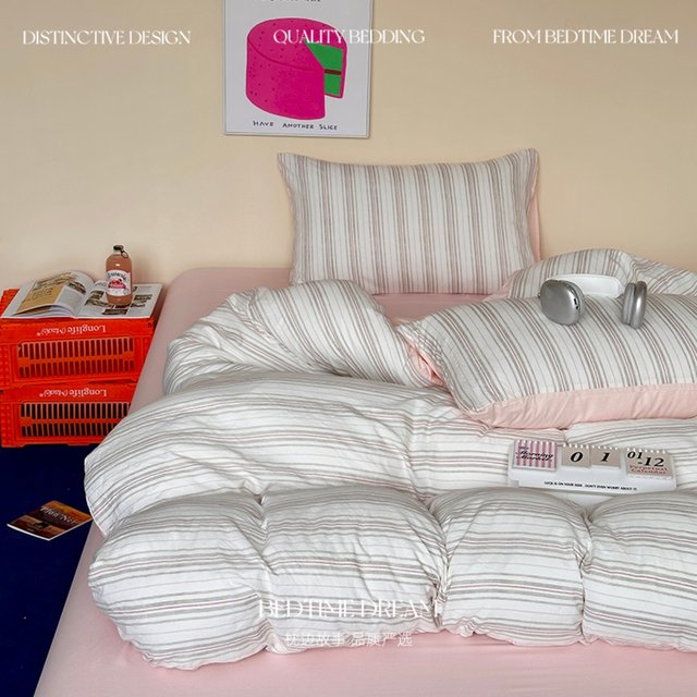 Ins Simple Pink Stripe Soft Washing Cotton Nordic Four-Piece Quilt Cover Bed Sheets Student Dormitory Three-Piece Set 1.5