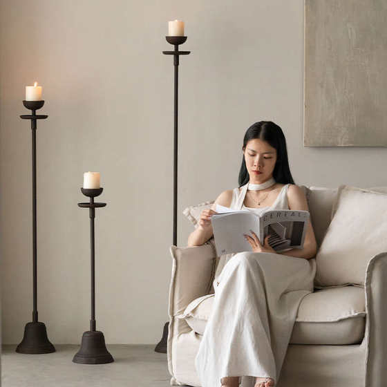 润家家居复古铁艺落地烛台组合侘寂简约铸铁脚蜡烛灯客厅灯座摆件