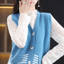 Spring and Autumn Womens Cardigan Vest Loose Striped Wool Waistcoat Versatile Knitted Cashmere Sleeveless Jacket Top