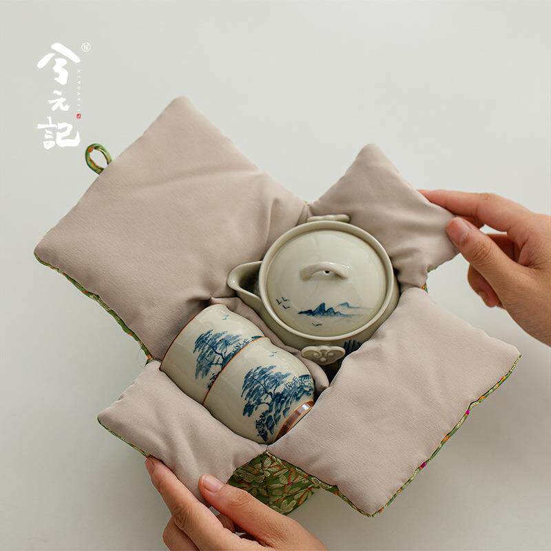 Hand-painted landscape travel tea set portable outdoor tea brewing one pot and two cups ceramic quick cup gift