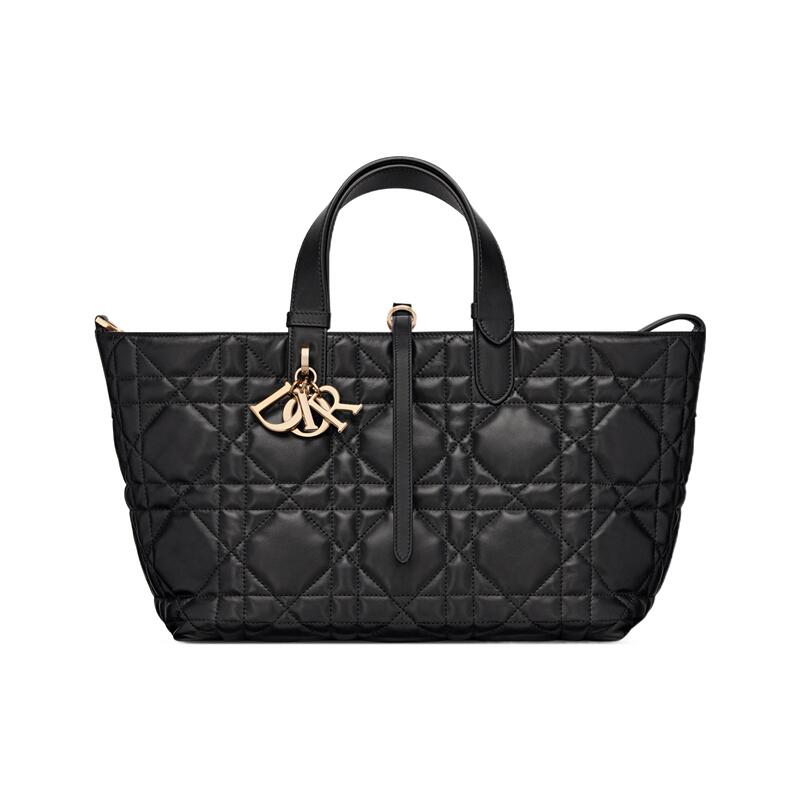 9.9 New Dior/Dior Toujours Series Black Leather Women's Medium-Sized Gold Pendant Handbag