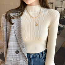 Early autumn new Korean fashion long-sleeved slim-fitting knitted pullover half turtleneck bottoming shirt for women