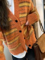 Brushed candy color striped long hair cardigan coat sweater loose autumn new style western style G173