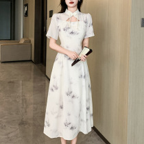 National style short-sleeved chiffon dress womens mid-length temperament 2024 summer new style foreign style printed new Chinese style skirt