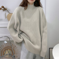 Turtleneck solid color design pullover sweater for women loose pit striped long-sleeved sweater autumn new thickened bottoming shirt