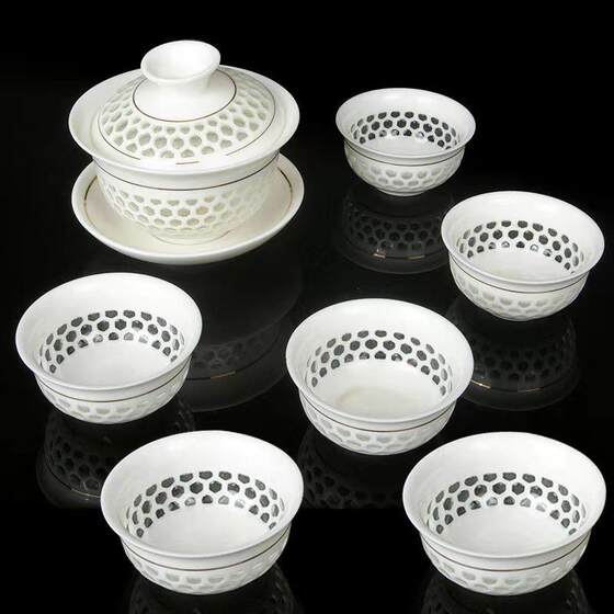 Exquisitely Carved Hollow Three-Piece Lidded Tea Bowl, Single Tea Cup, Large Ceramic Tea Set, Jingdezhen Glass Creative Design