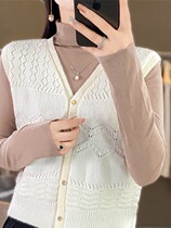 24 spring knitted vest V-neck solid color buttoned sleeveless layered loose casual commuting wool vest