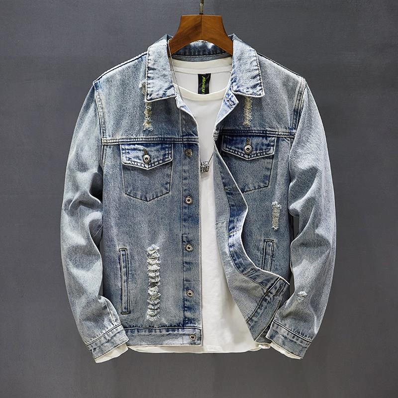 Hong Kong Trendy Brand Angel Wings Embroidered Ripped Denim Jacket for Men, Vintage Spring and Autumn Style, Korean Version, Light-Colored Slim-Fit Jacket
