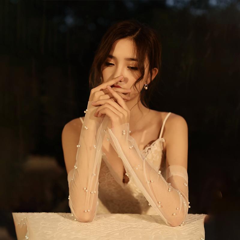 White Lace Gloves for Women, Black Vintage Hepburn Style Bridal Wedding Dress Long Mesh Forest-Style Sleeves for Wedding