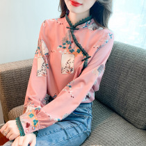 Chinese style plate button stand collar printed shirt for women 2023 new autumn retro national style sweet and elegant long-sleeved top