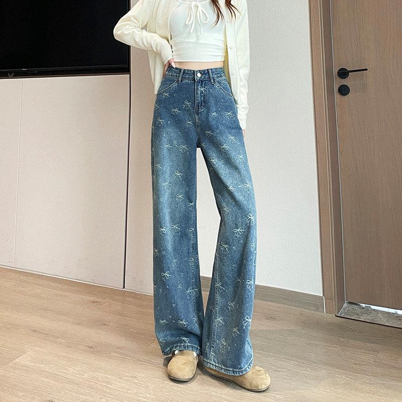 American Retro Bow-Knot Embroidery Design Jeans for Women, New Spring and Autumn Style, High-End Slim-Fit Flared Casual Pants
