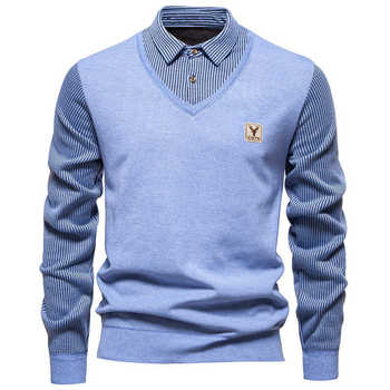 Wholesale trade cross-border autumn and winter new men's long-sleeved sweater fake two-piece fashion plus velvet striped shirt pullover knit