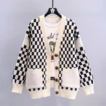 In stock quick release Japanese checkerboard sweater jacket womens autumn clothing 2024 new style loose lazy fashionable and versatile