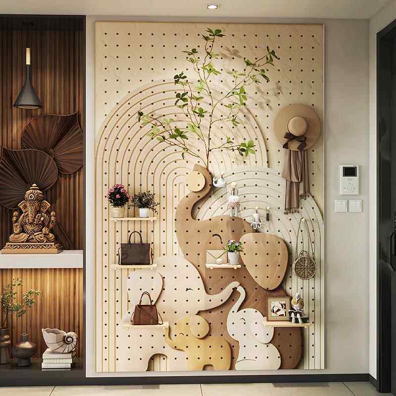 Customized entrance hall elephant solid wood hole board storage rack creative wall decoration storage shelf blocking shape