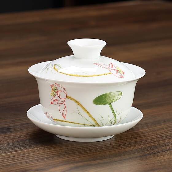 Household tea bowl three-cup covered bowl teacup large blue and white porcelain set ceramic white porcelain Kung Fu tea set single
