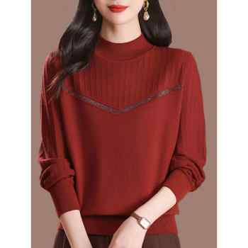 Middle-aged mother's autumn and winter new beautiful wool sweater top for women's half turtleneck loose thin sweater base shirt