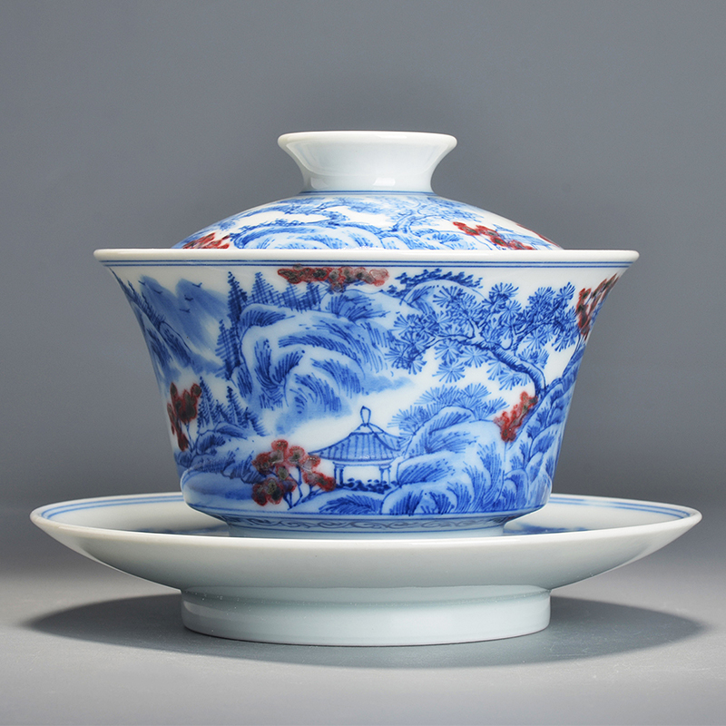 Gögen Raw Mineral Green Flower Glazed Red Reworked Landscape Three Talent Cover Bowl Tea Bowl Full Handmade Kongfu Tea With Tea Bowl