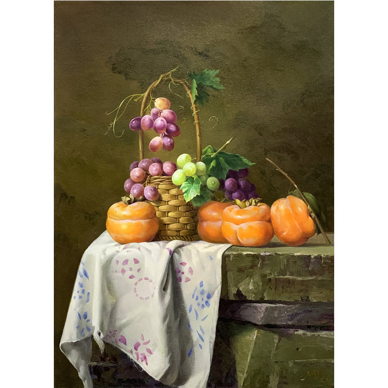 静物油画一级画家李珍珠《葡萄与柿子》手绘装饰画挂画17349
