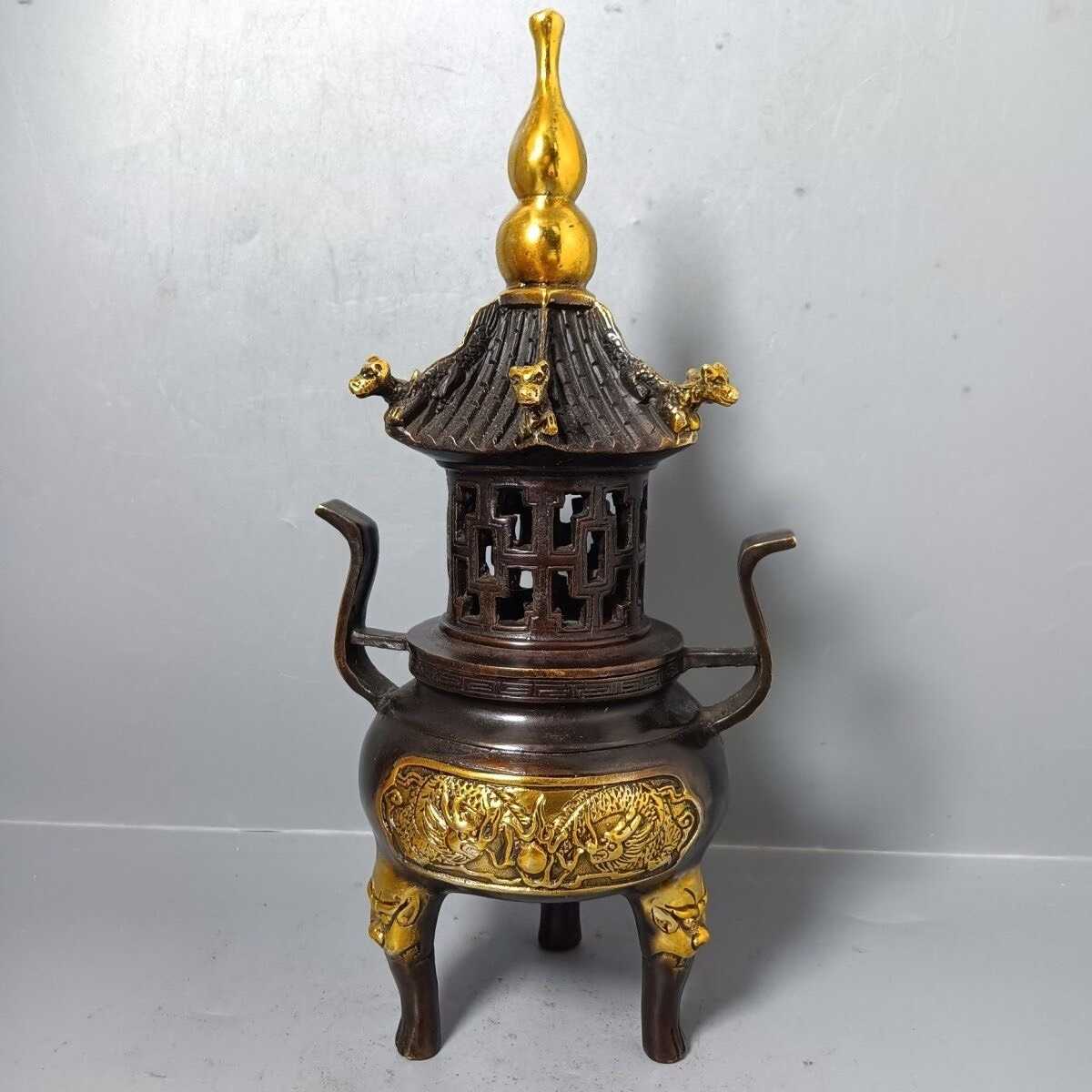 中国古美術・旧藏銅鎏金鎏金双龍台座付き香炉・線香炉・純紫銅・純