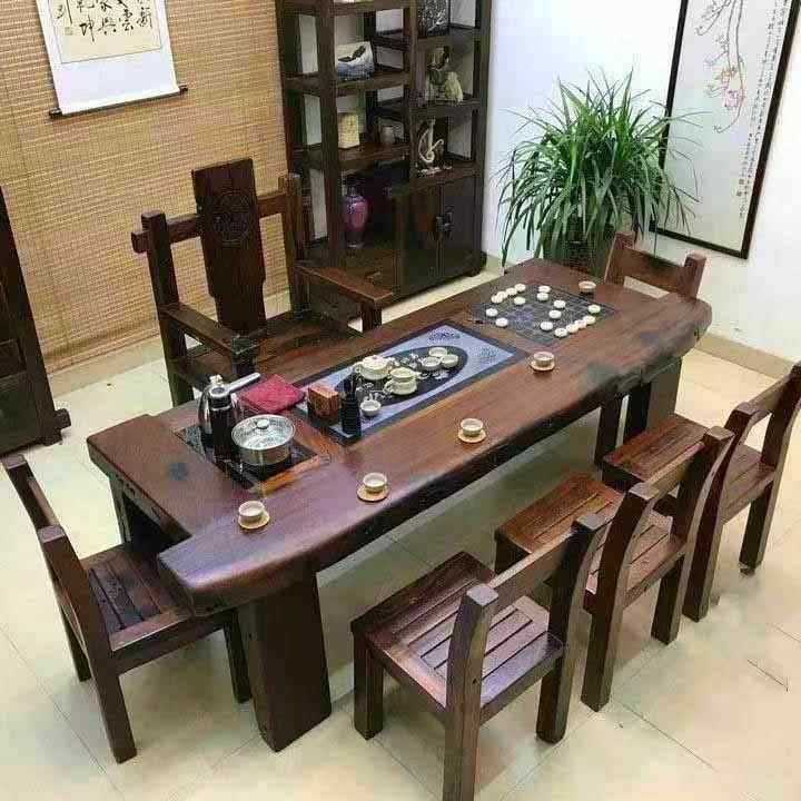 Authentic old wooden tea table combination Chinese style wooden tea table tea table curved stone tea tray electromagnetic chair real furnace tea set a boat