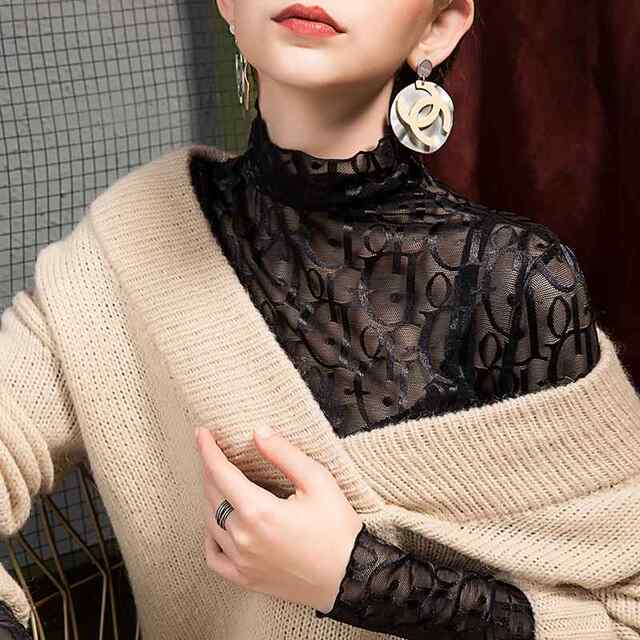 Autumn new style mesh bottoming shirt for women with high collar and stylish letter print black lace inner with sexy gauze top
