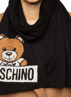 moschino/莫斯奇诺泰迪熊印花羊毛绒线围巾披肩女百搭黑色送礼物