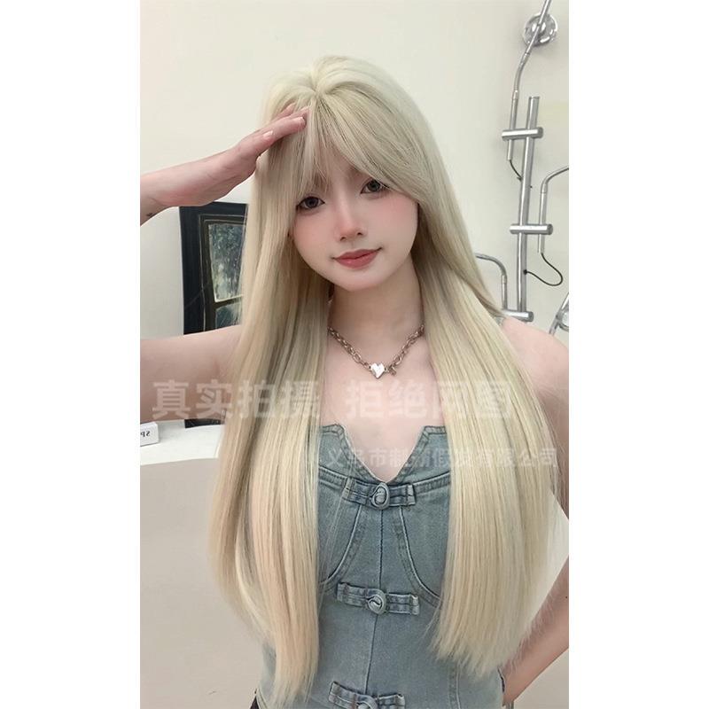 Yiwu Shiba Wig Shiba Wig Women's Long Straight Hair Full Headgear New One-Piece White Golden with Bangs Yiwu Shiba Wig Shiba Wig Women's Long Straight Hair Full Headgear New One-Piece White Golden with Bangs
