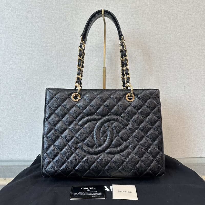 9.9 New CHANEL Black Gold Lychee Leather Gst Shoulder Bag