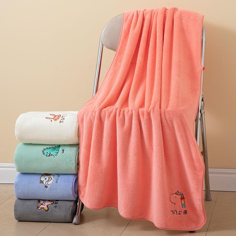 Bath Towel for Adults, Coral Velvet Thickened Edge-Stitched Embroidered Absorbent Beach Towel, Household Cartoon Embroidered Children's Bath Towel