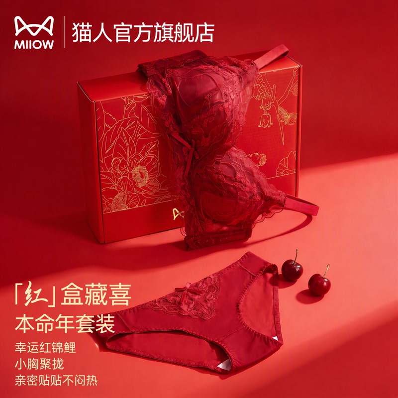 Cat People Red Zodiac Year Women's Lingerie Set Small Breast Push-Up Lace Bra and Panties Wedding Bride Gift Box Set Cat People Red Zodiac Year Women's Lingerie Set Small Breast Push-Up Lace Bra and Panties Wedding Bride Gift Box Set