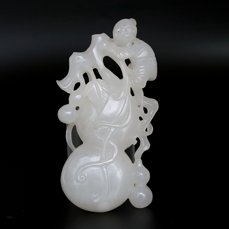 (National Inspection Appraisal) 1st level white and field jade with green flower hollowed-out sculpted Fullman handlebar piece auction C3477