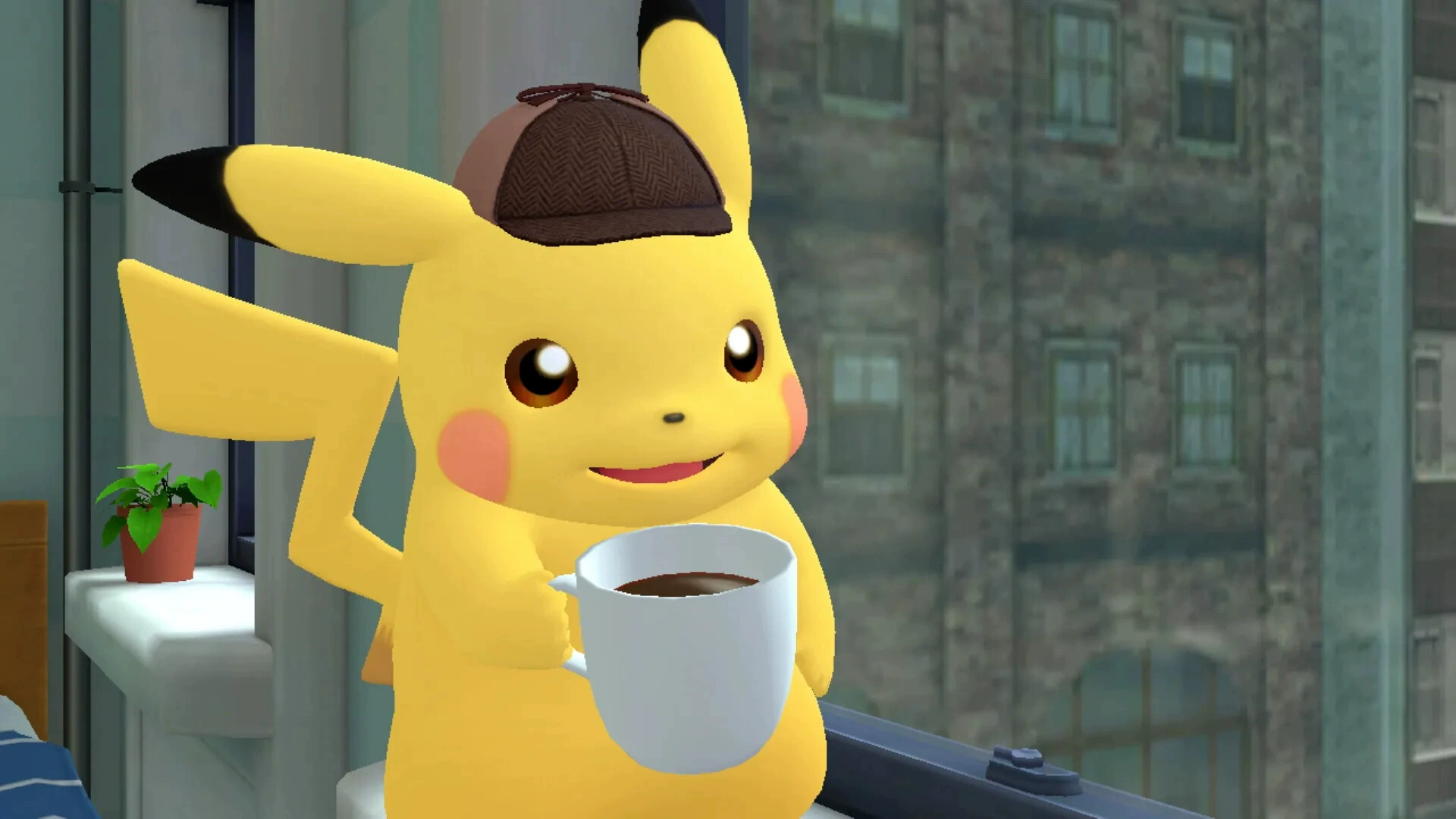 Pikachu drinking coffee