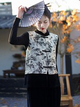 Real shot of new Chinese style stand-up collar disc buckle small round collar national trend ethnic style retro ink top vest cardigan jacket