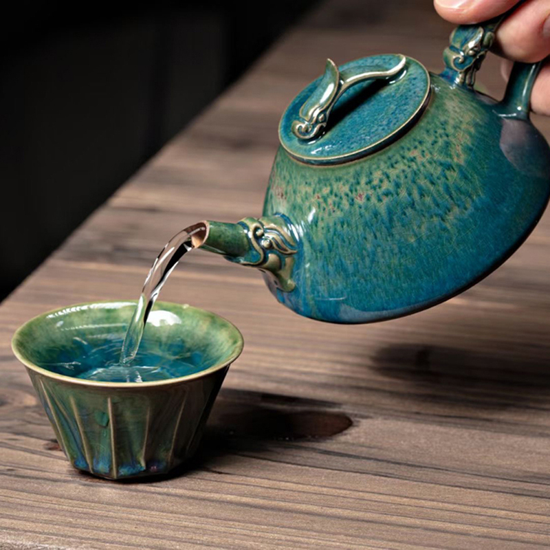 Jun Porcelain Dragon's Song Teapot Set, One Teapot and Two Cups, Daxian Kiln by Dapeng, Gift Box Set, Premium Mineral Glaze