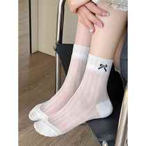 Bow socks womens summer thin ballet style lace boneless mesh breathable mid-calf socks summer short style