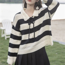 2023 new autumn forest style Polo collar striped sweater tops for women sweet and gentle style lace-up pullover sweater